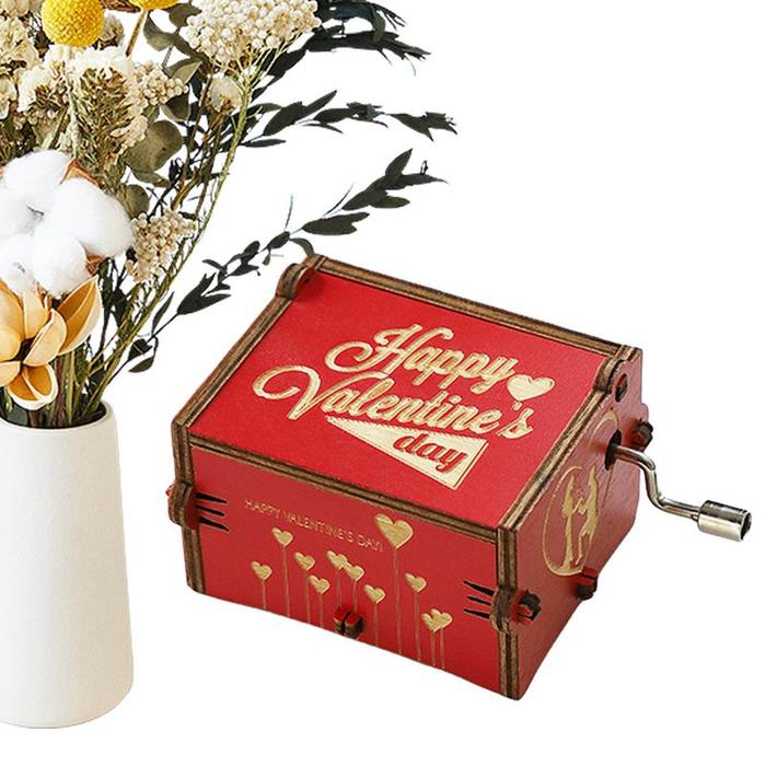 Hand Crank Music Box Red Vintage Wood Carved Hand Crank Present