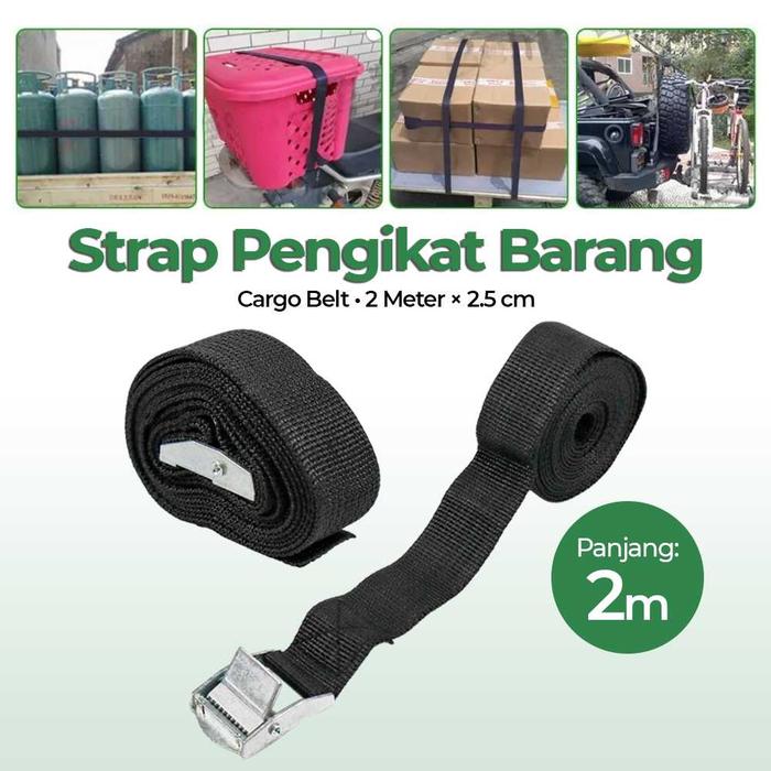 2M Meter - HITAM - Tali Cargo Pengikat Barang Lebar 2.5Cm - Tali Barang Motor Mobil Kargo Strap Carg