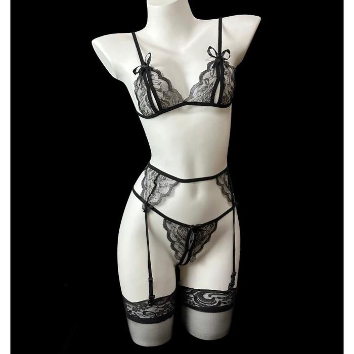 Lingerie Sexy Renda Open Crotch G String Bra transparan Garter belt dan Stoking 3T06