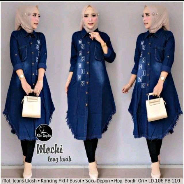 Mochi Long Tunik / Tunik Jeans Bordir / Tunik Rawis Navy Wanita