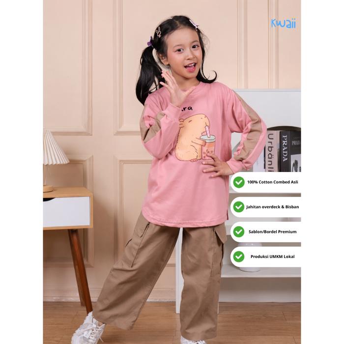 Kwaii-Kaos Anak Capybara Boba Bahan Cotton Lembut