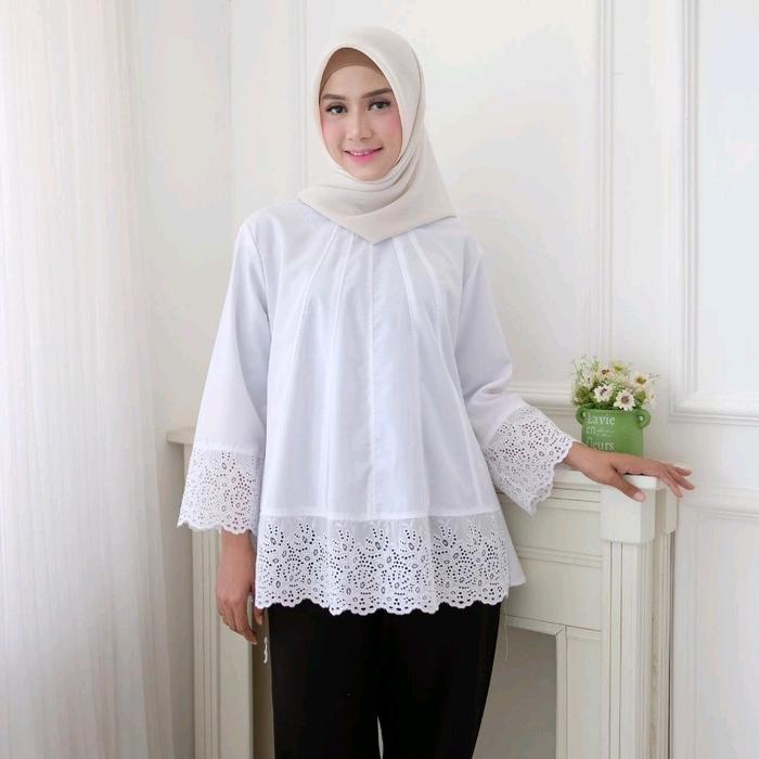 Ambicollection Vanie Blouse Baju Atasan Putih Wanita Muslim Kombinasi Renda Krancang