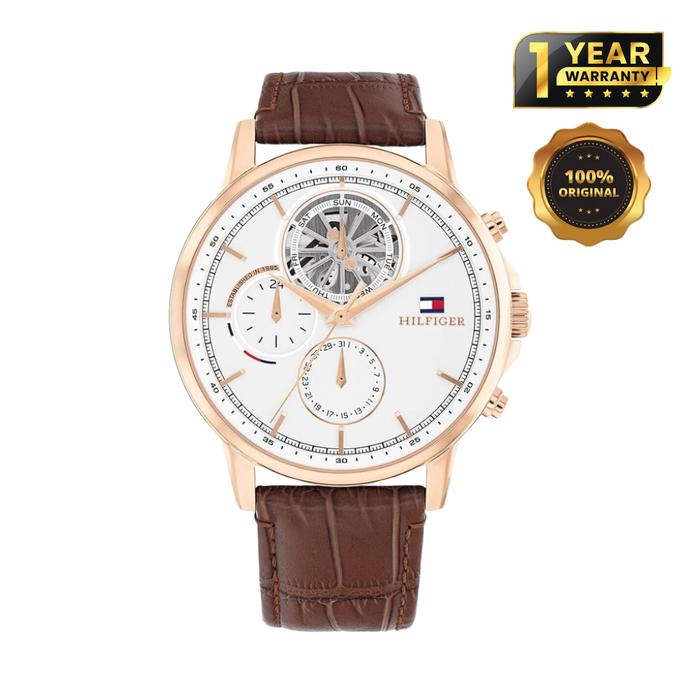 Tommy Hilfiger Rose Gold Case Brown Multifunction Leather Mens Dress Watch - 1710606