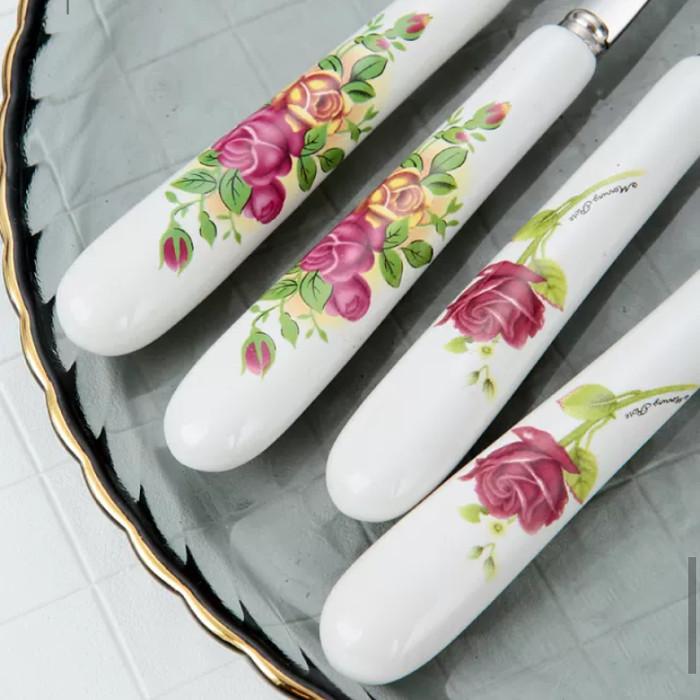 Set 3in1 Sendok Makan Garpu Sumpit Stainless Steal Keramik Bunga