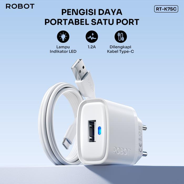 ROBOT RT-K7SC Adaptor Kepala Charger 1.2A Lampu Indikator LED with Type-C Cable Adaptor Android Smar