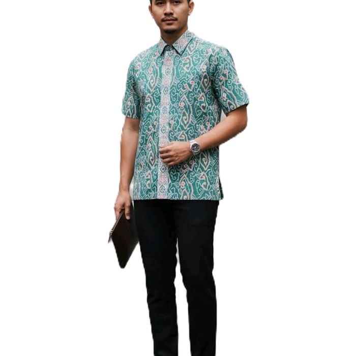 Kemeja Batik Pria Lengan Pendek Motif Elegan Warna Hijau Tosca