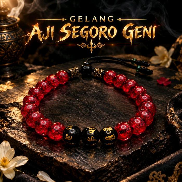 Gelang Aura Aji Segoro Geni Batu Merah Kombinasi Tiga Batu Hitam Tibet Mantra Tegas Dengan Model Tal