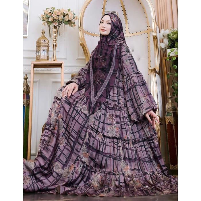 Gamis Set Khimar Printing Modern Elegan Yodizein Syari Ukuran Lengkap