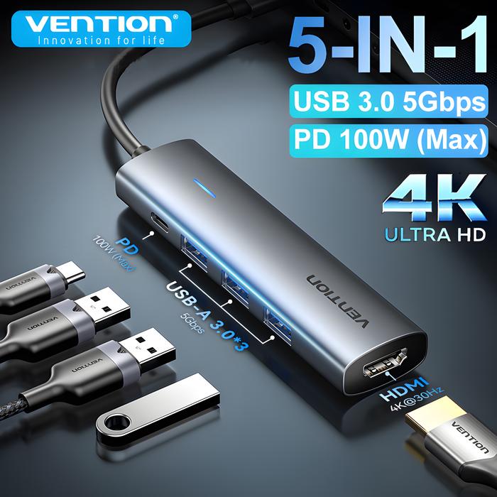 Vention New 5 in 1 USB C 4K HDMI HUB USB 3.0 HUB PD 100W Multiport Docking Station Adapter for MacBo