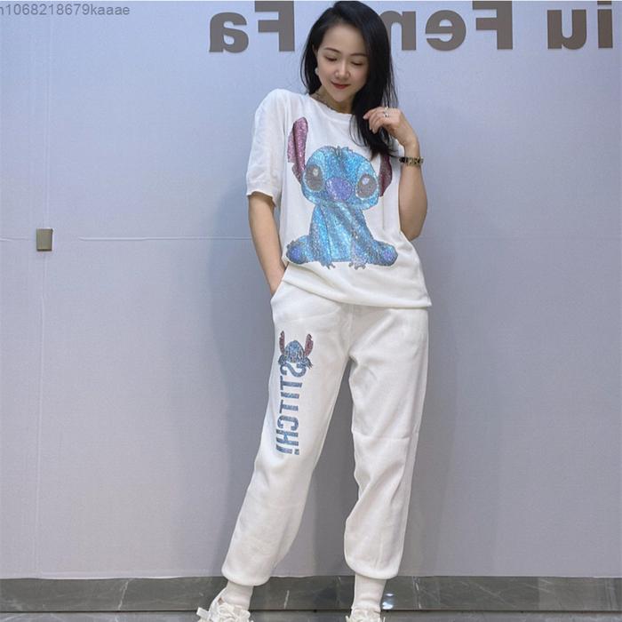 Disney Cartoon Stitch Round Neck Short Sleeved Pants Casual Set For Women Spring Summer Hot Diamond 