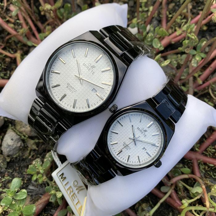 Jam tangan mirete high class rantai Hitam plat putih B3023 couple classic dengan fitur tanggal yang 