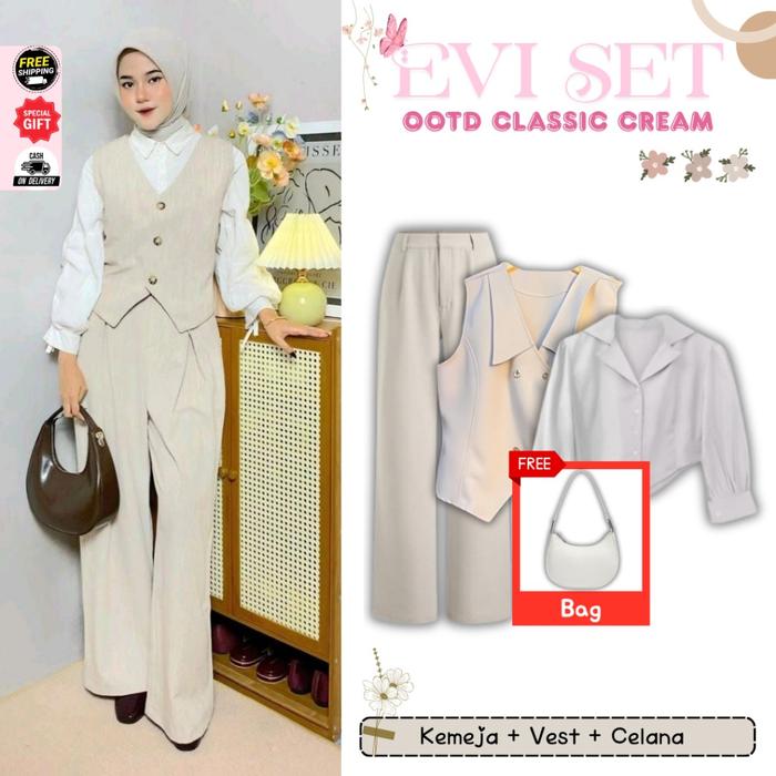 Evi Outfit Set Korean Style [ Bag + Kemeja + Vest + Celana ] One Set Remaja Kekinian Viral Aesthesti