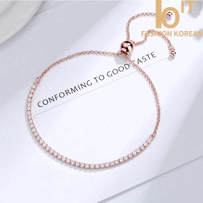 Gelang Serut Titanium Asli Emas Putih Yang Bisa Disesuaikan / Gelang Wanita Korea Fashion Berlian Im