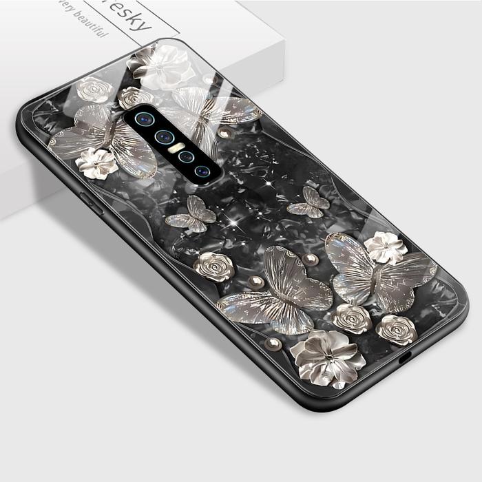 Vivo V17 Pro Untuk Hp Casing Hardcase Ponsel Kaca Cassing Crystal Butterfly Flowers Glass Phone Case