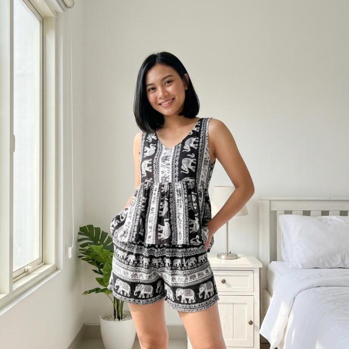 BDP-Setelan Baju Tidur Baby Dol Motif Gajah Tanpa Lengan Bahan Rayon Premium Sku MONIQ