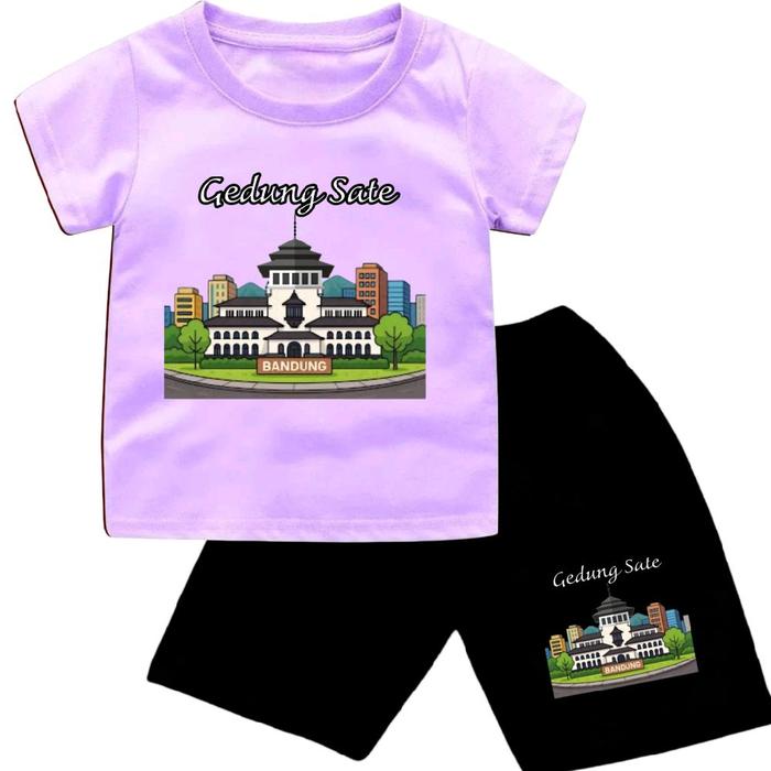 Setelan Anak Gambar Bandung Gedung Sate Anak unisex Cowok Cewek 1-11Tahun/One set Celana pendek Gedu