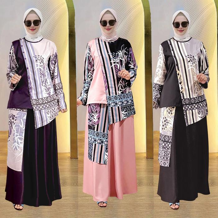 Setelan Wanita Tunik + Rok Mayung Kekinian Set Muslim Bahan Maxmara Baju Atasan Celana Dewasa Remaja
