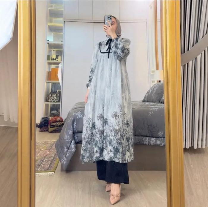 DREANA STORE - Rania Set Tunik Ceruty Motif Bunga & Celana Kulot Crinkle Airflow Premium Jumbo Size 