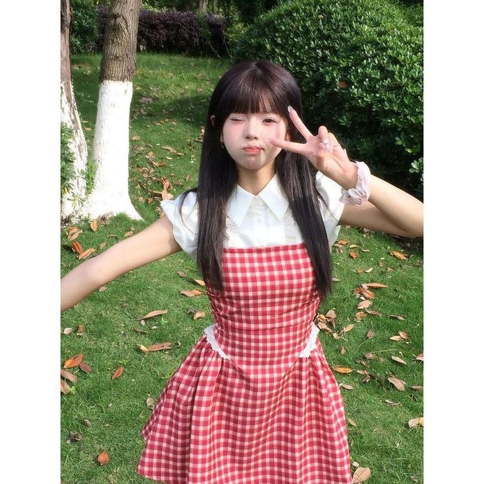 [Enamorooo]Dress pendek ala korea rok kotak-kotak merah ala kampus