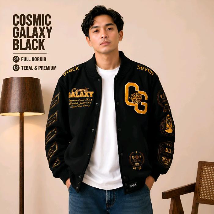 Varsity Jacket Full Cotton Cosmic Galaxy Black Blackseven | Full Bordir Jaket Couple Pria Wanita Ori