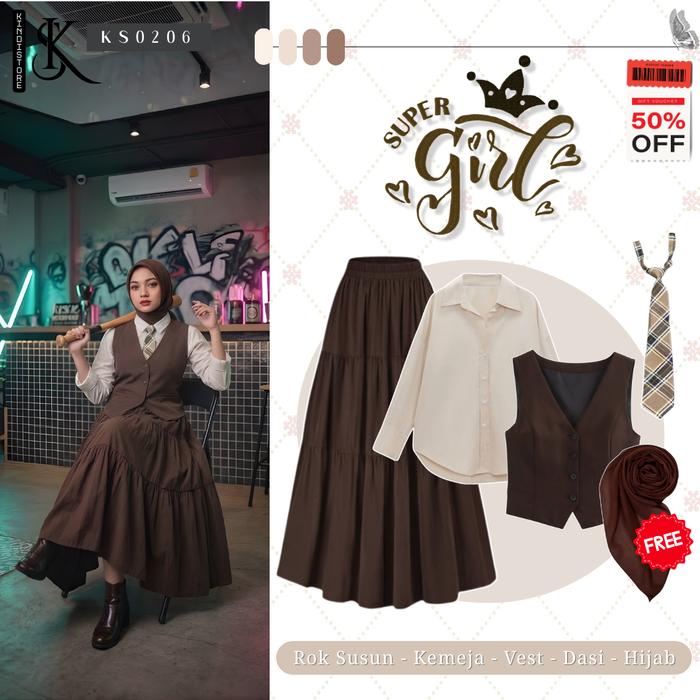 4in1 Set Outfit Yearbook Enola Holmes [ Vest, Rok Susun, Kemeja, Dasi, FREE Hijab ] One set KS0206