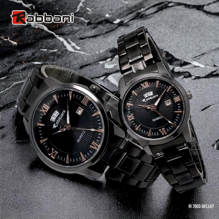 Rabbani 7003 Ght/Lht, Jam tangan Couple, Rantai hitam, mesin tanggal aktif, water resistant.
