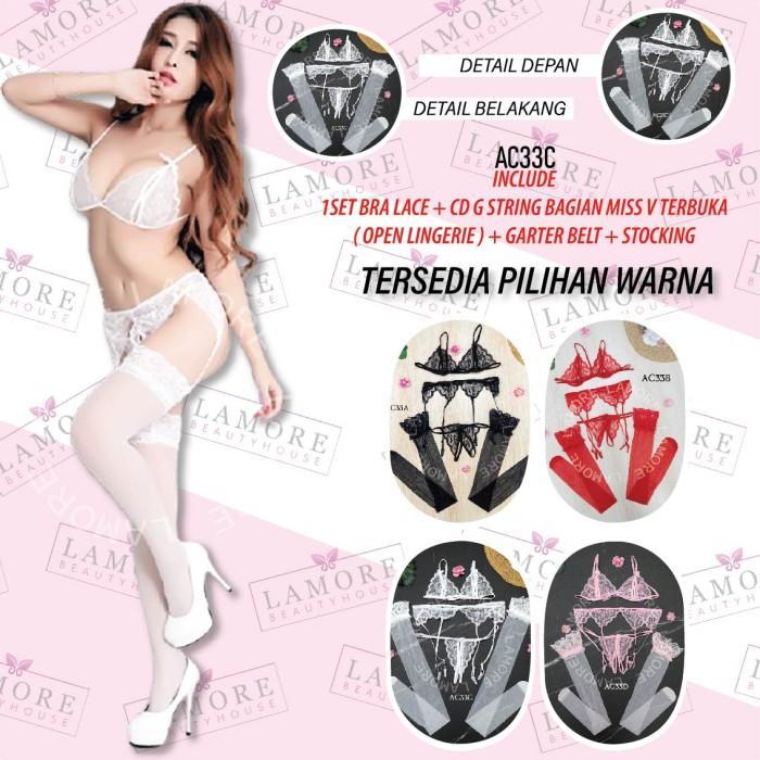 Sabuk Paha + BH CD Bra Set + Stocking Lingerie Putih AC33C