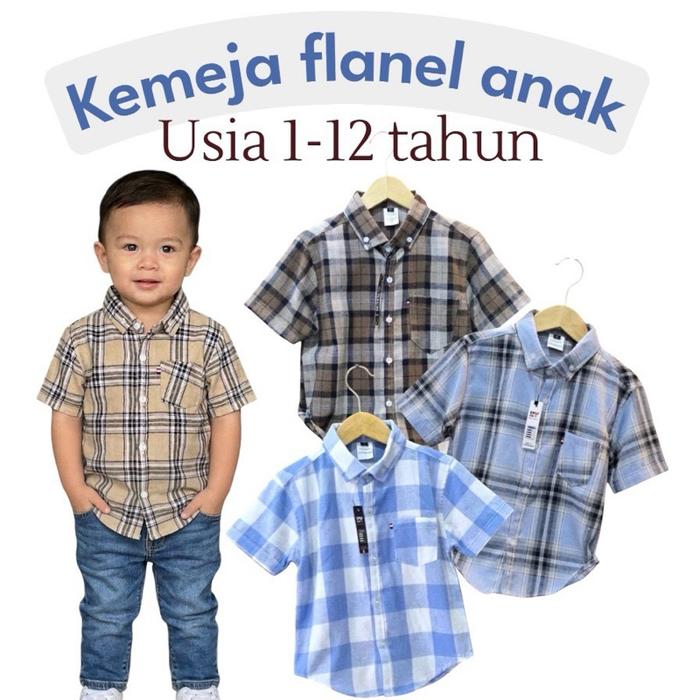 Kemeja Flanel Anak Laki-laki Usia 1-12 Tahun Baju Terbaru Fashion Kotak Lengan Pendek Bahan Kain Fla