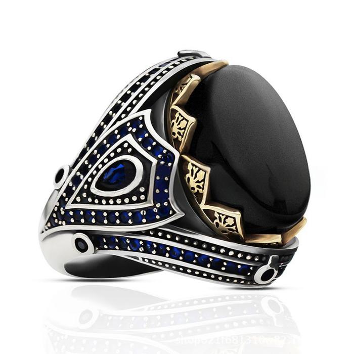 Cincin Kristal Batu Buatan Buatan Biru Hitam Pria Mewah yang Dipersonalisasi Cincin Kristal Batu Bua