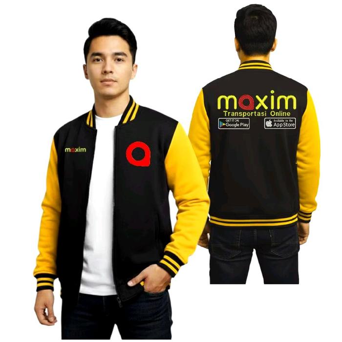 Maxim Jaket Varsity Pria Hitam Kuning dengan Logo Maxim Transportasi Online dan Logo Google Play