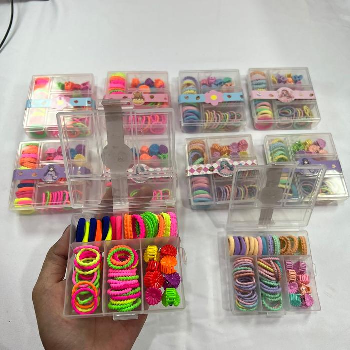Set Ikat Rambut Anak isi Box – Karet Rambut Korea Warna Pastel & Neon + Jepit Mini
