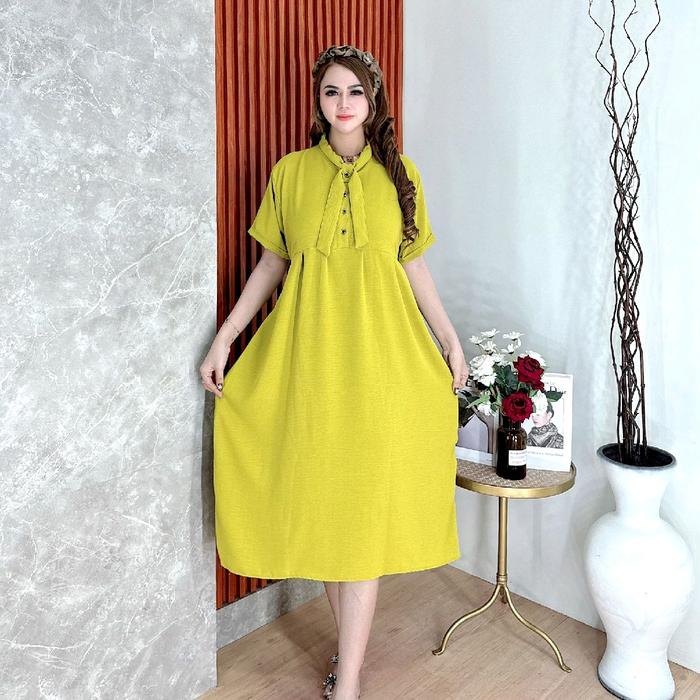 Daster Rizki Fasion Crincle Dewasa Leher Pita Kekinian Kancing Depan Santai Wanita - Dress Airflow B