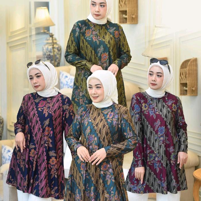 Tunik Calvin Jeans - Atasan Muslim Wanita Panjang Katun Remaja Dewasa - Linen, Motif, Rayon