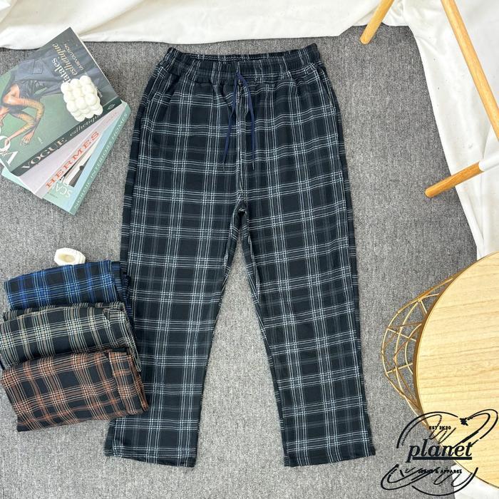 CELANA JUMBO KOTAK WANITA MODEL KAIN MELAR KARET TARTAN.