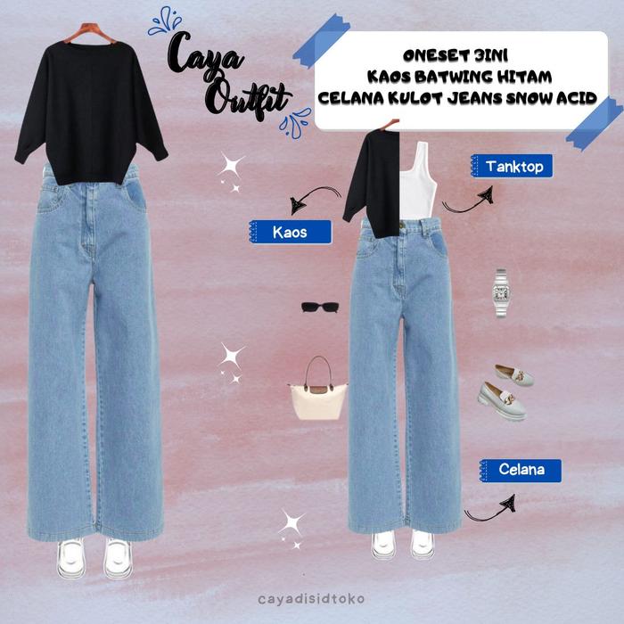 CY 270 - outfit caya tanktop putih kaos batwing hitam dan celana kulot jeans snow acid oneset 3in1 w