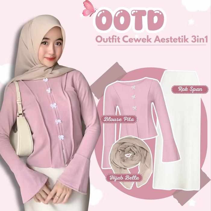 One Set Leona 3in1 (Blouse Leora, Rok Span, Hijab Bella) Outfit Wanita Korean Style Cute Pink