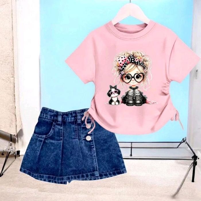 Setelan Anak Prempuan Crop Top Anak Kecil Kacamata + Rok Jins Usia 1-8 Tahun Model Fashion dengan De