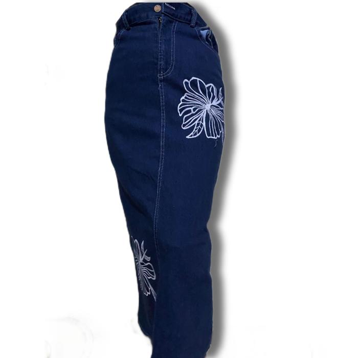 Theana Sablon Rok Span Panjang Wanita Casual Kekinian Bunga Denim