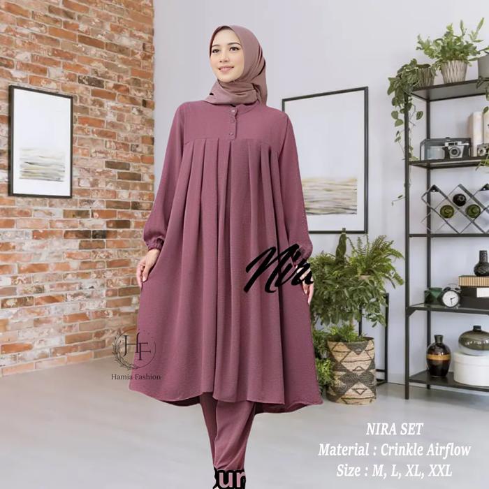 HAMIA|Nira|One Set Wanita Muslim Premium Terbaru Tunik Polos dan Celana Kulot Oversize Bahan Crinkle