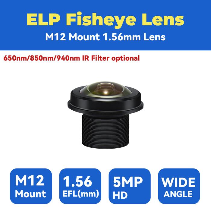 ELP CCTV Wide Angle 180 Degree Fisheye Lens 1.56mm 1/2.5" Lens with 650nm/ 850nm/ 940nm IR Filter M1