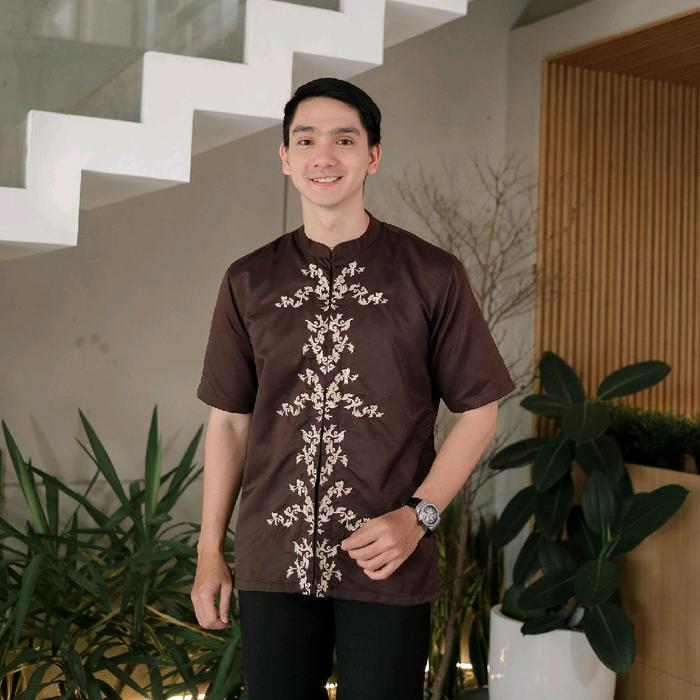 Ziza.id - Koko Bordir Terbaru Pria Dewasa Lengan Pendek Katun Toyobo Premium Mahogany Motif Bordir L