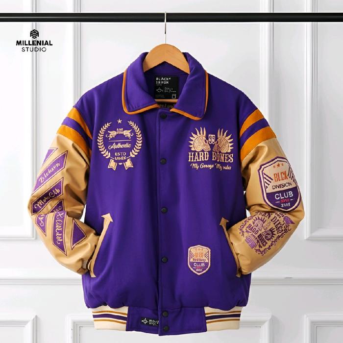 VARSITY JACKET SAN DIEGO HARD BONES PURPLE CREAM | JAKET BASEBALL KERAH BORDIR ORIGINAL UNISEX Nyama