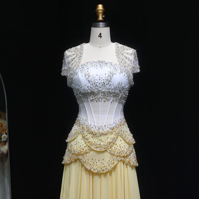 Sharon Said Elegant White and Yellow Chiffon Corset Celebrity Evening Dress with Jacket Flare Sleeve