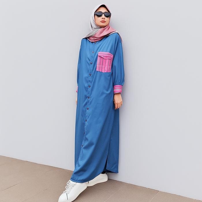 Dress Midi Nailazaara Blue Denim  Deriana Project - Gamis Katun Branded untuk Tampilan Muslimah Styl