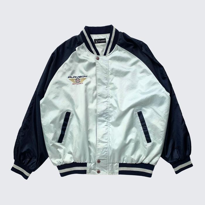 Metallic Black Baby Blue Vintage Playboy Sport Nylon Bomber Varsity Jacket - Unisex - XL