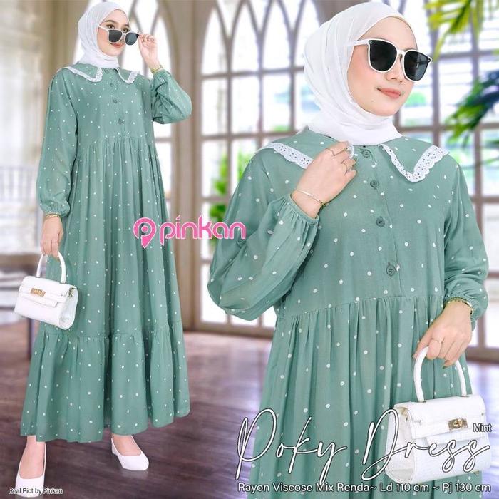 Gamis Wanita Terbaru Bahan Rayon Motif Polkadot Midi Dress Muslim Korean Style Kekinian Pasti Ori