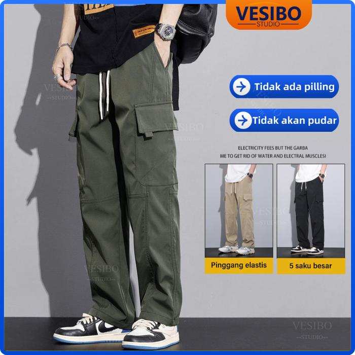 Celana Cargo Pria Celana Gombrang Korean Style Wide Leg Pants Celana Panjang Pria Cargo Longgar Cela