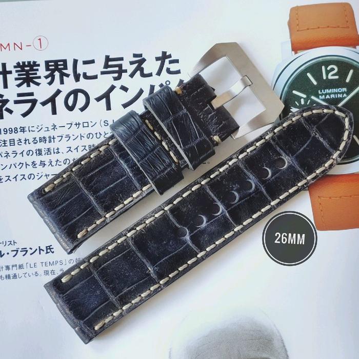 26mm • Genuine Croco Straps Leather Handmade Tali Jam Tangan • Vintage Black Matte Croco Straps Full