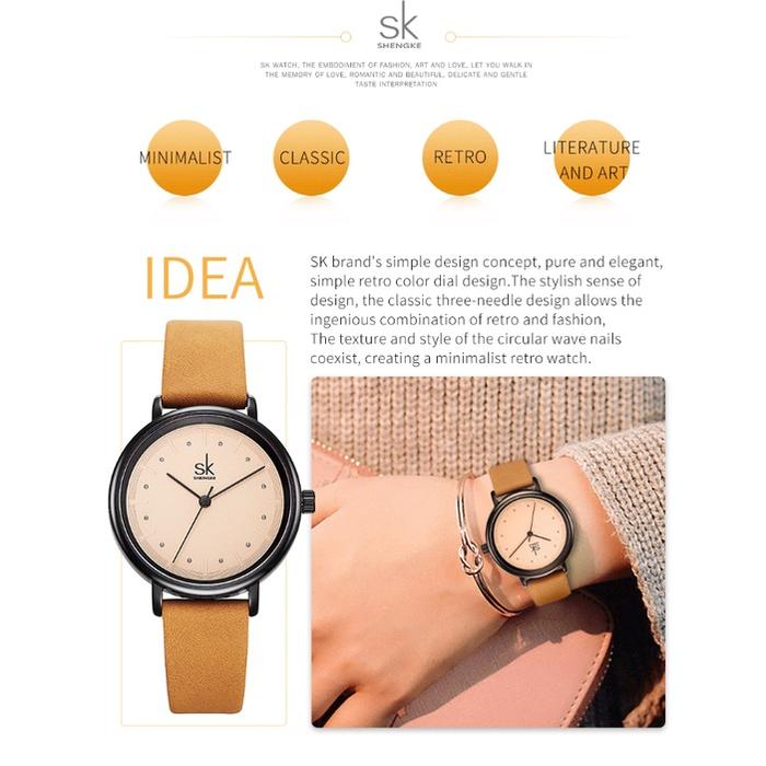 SHENGKE Jam Tangan Wanita Vintage Leather Strap Quartz Movement Water Resist K8005