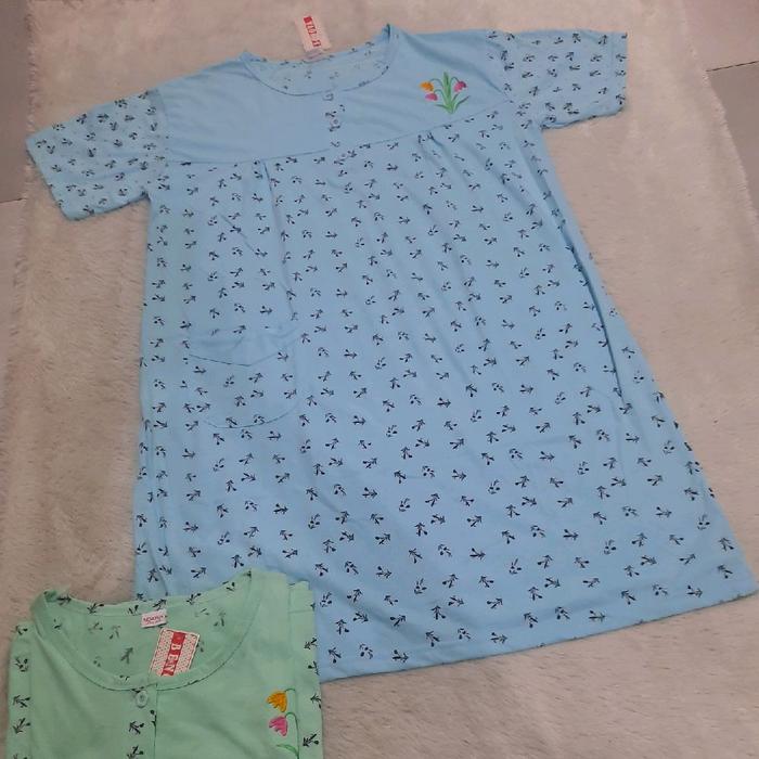 Daster Jumbo Benova Motif Padi Lengan Pendek - Pink/Hijau/Biru Muda - Wanita, Hitam, Kancing, Dewasa